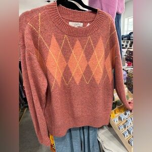 LOFT Women's Argyle Sweater - Coral and Mustard